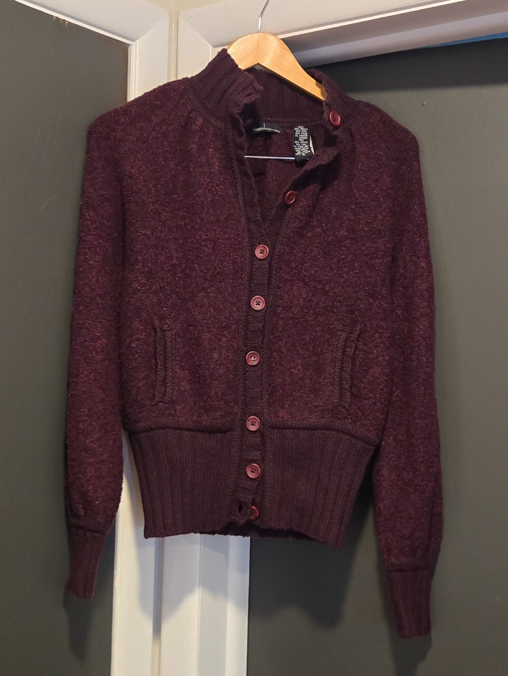 Moda International burgundy wool blend button up cardigan sweater w fitted waist